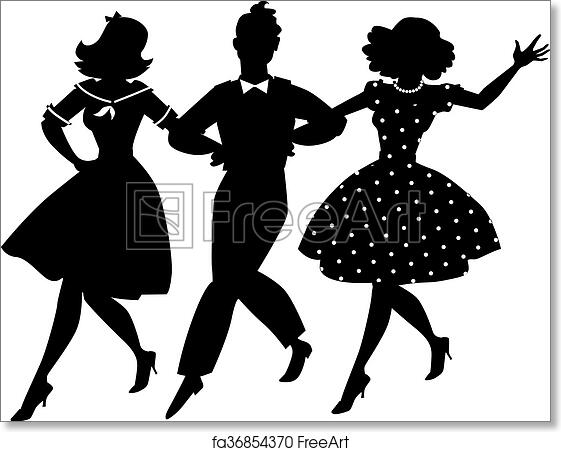 Silhouette of three 1950s-style dancers-two women in dresses and a man in suit-mid-dance, evoking rockabilly or swing era energy.