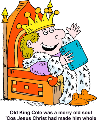 A cheerful cartoon king with a golden crown sits on a throne, holding a blue book and waving.