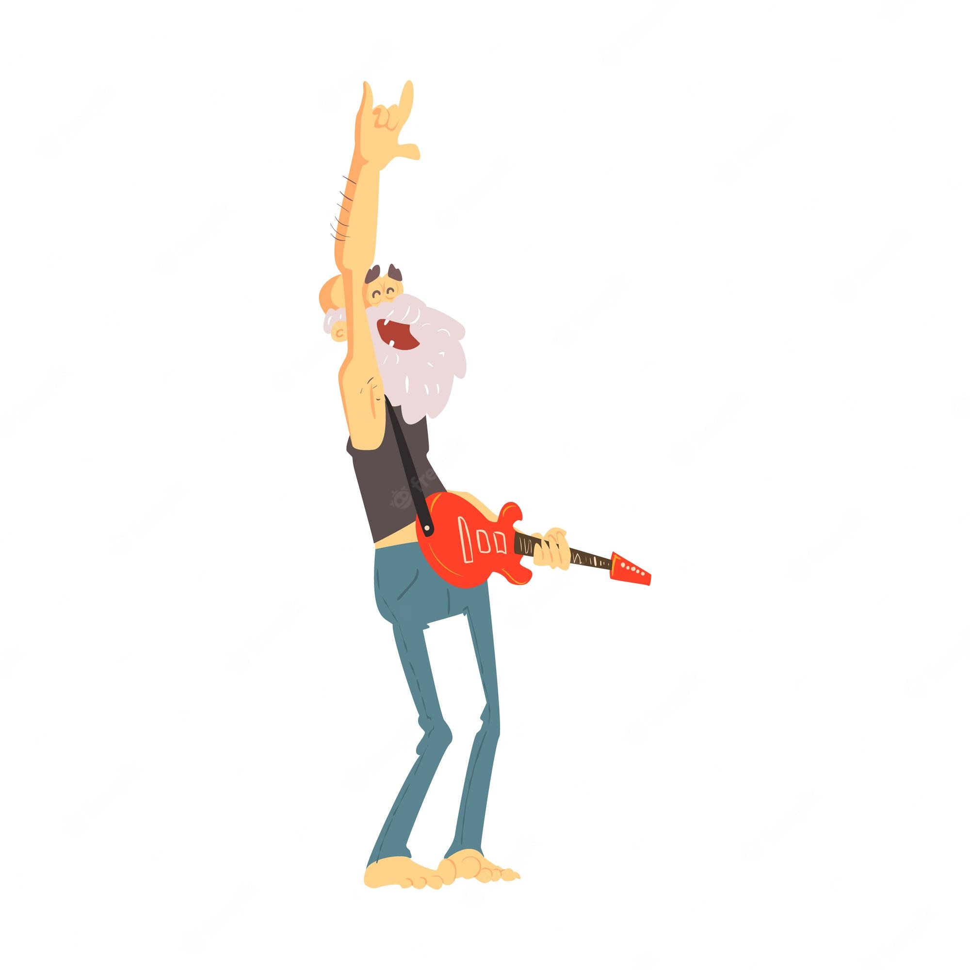 Elderly bearded man with red electric guitar making rock-on gesture, barefoot and joyful.
