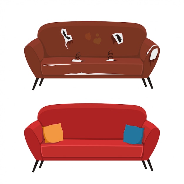 Before-and-after illustration: a torn, stained brown sofa transformed into a clean, vibrant red sofa with colorful cushions.