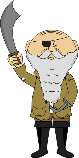 Cartoon pirate with eye patch, white beard, and curved sword raised high.