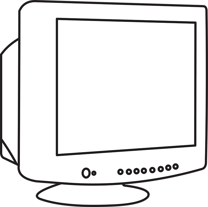 Black-and-white line drawing of a classic CRT computer monitor with control buttons and stand.