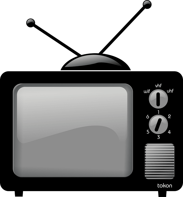 Vintage black television with rabbit-ear antenna, VHF/UHF dials, and speaker grille.