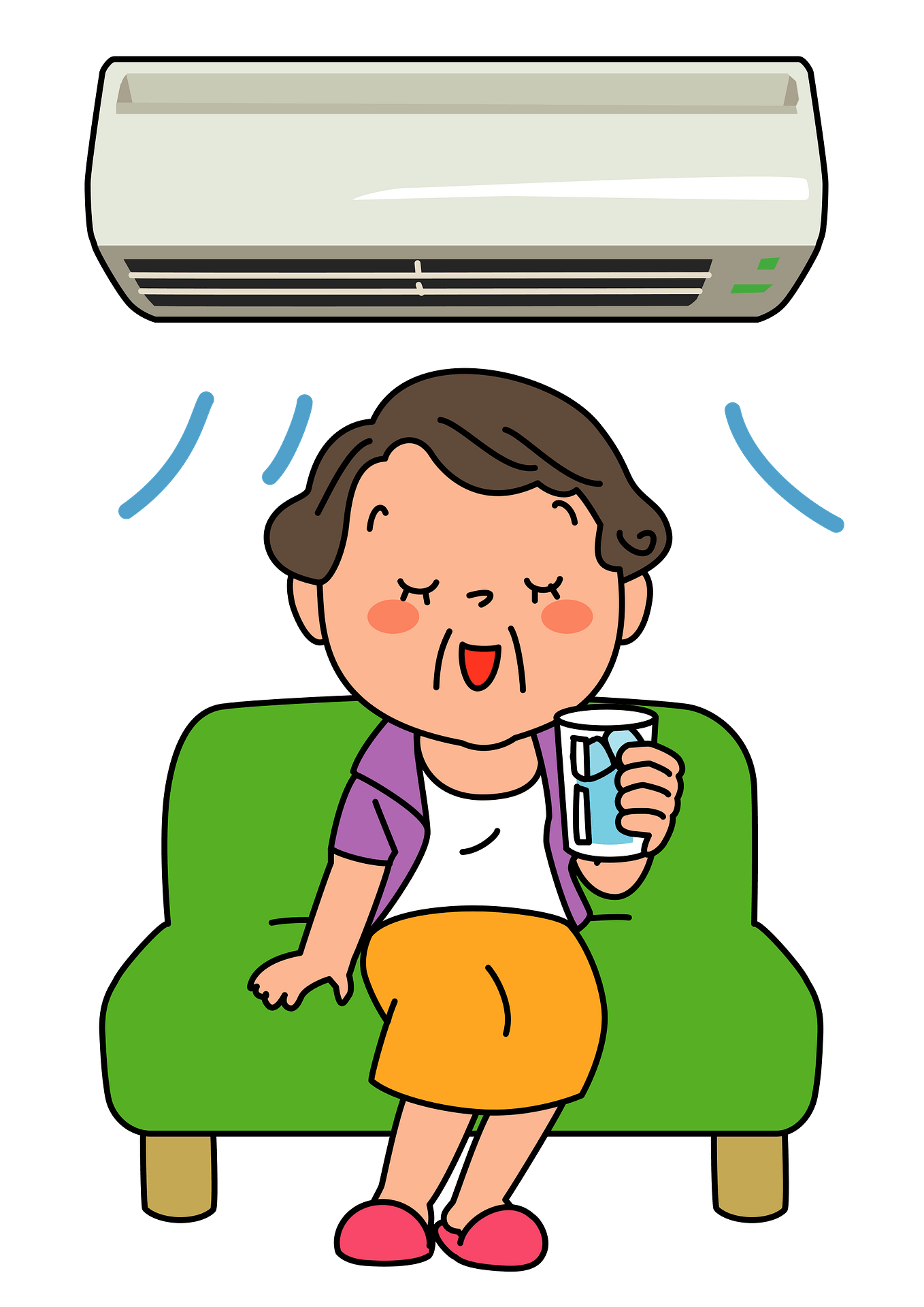 A woman relaxes on a green sofa under an air conditioner, sipping cold water with a joyful expression.