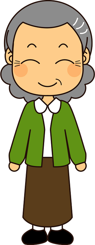 Smiling elderly woman with gray hair, wearing green cardigan, white shirt, brown skirt, and black shoes.