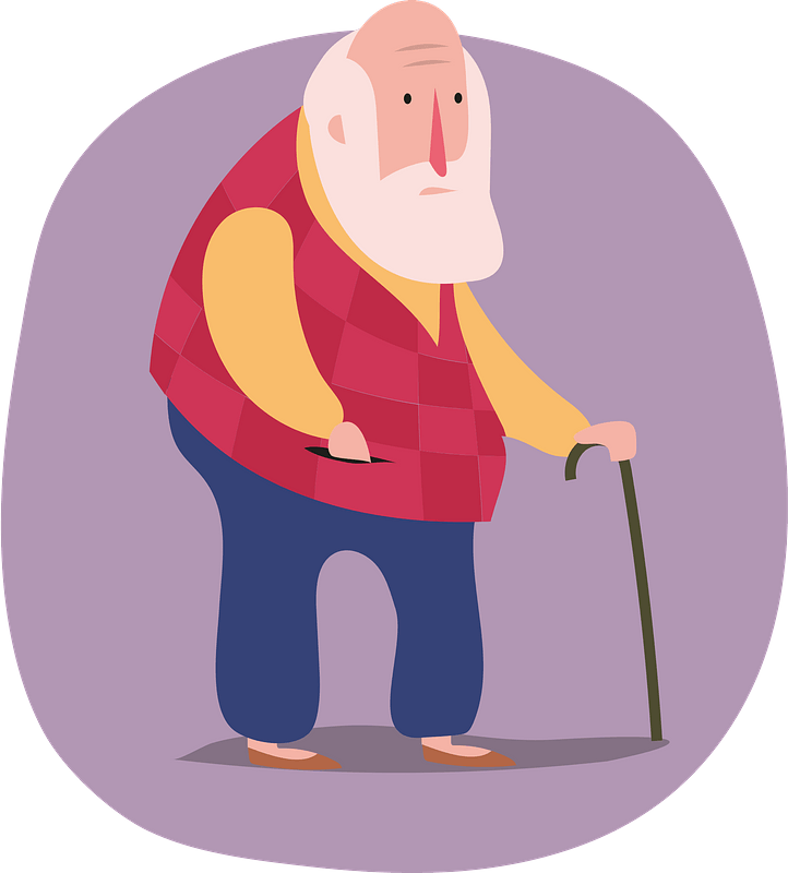 Elderly man with white beard, red vest, and cane standing with a thoughtful expression.