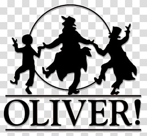 Silhouette logo of Oliver Twist with two children dancing in a circle, bold text "OLIVER!" below.