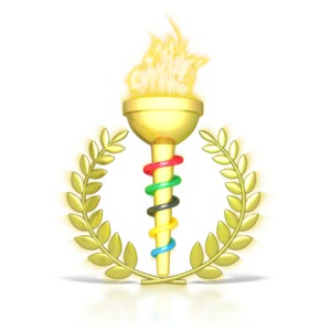 Golden torch with flame, encircled by laurel wreath and four colored rings (red, green, black, blue) on white background.