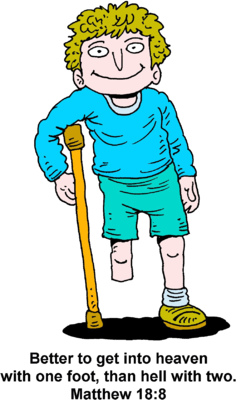 Smiling cartoon boy with curly blond hair, blue shirt, green shorts, and a wooden crutch, standing confidently.