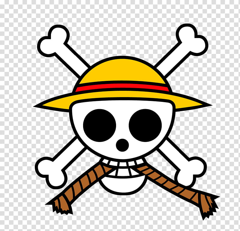 One Piece Jolly Roger skull wearing a yellow straw hat with red band and crossed bones behind it.