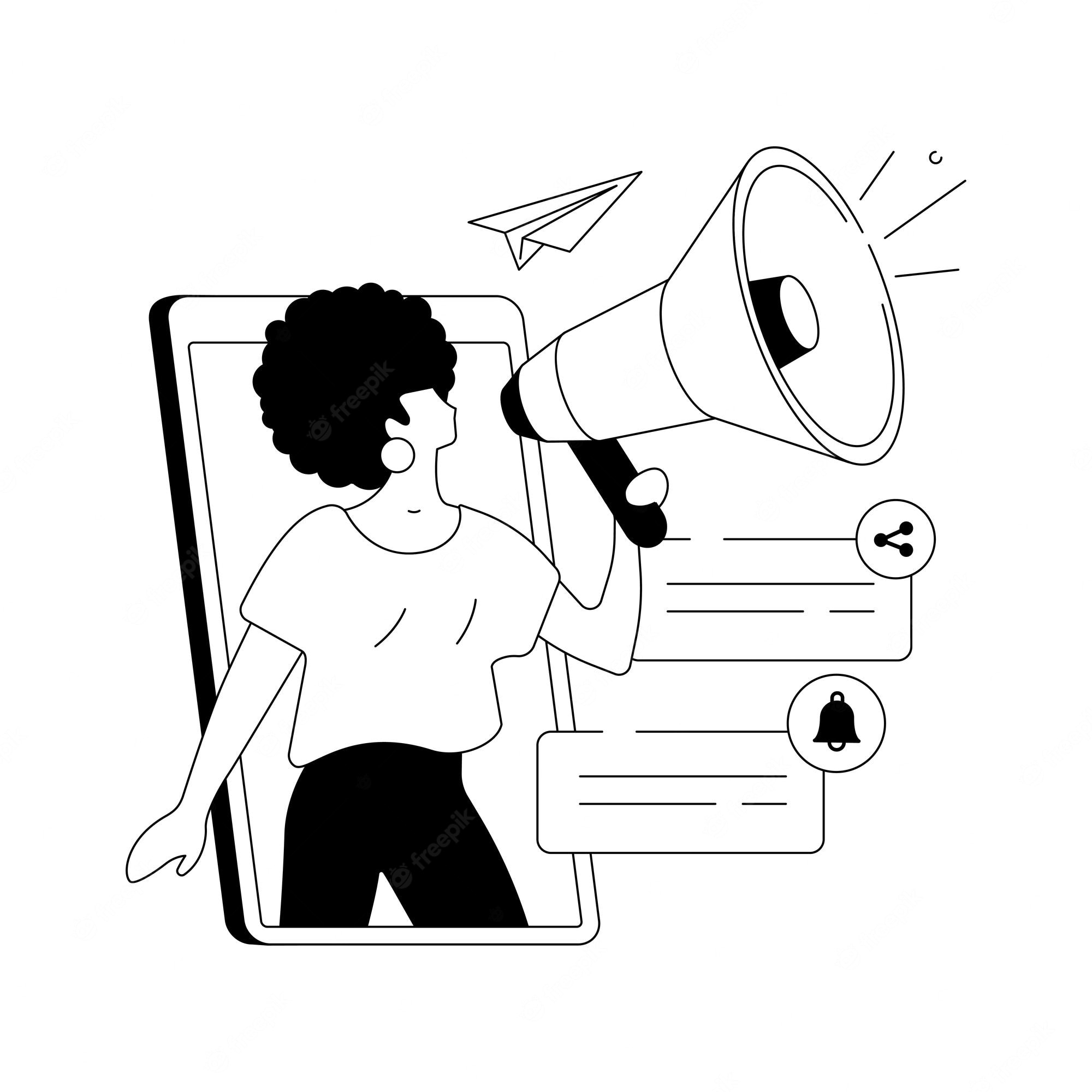 Person emerging from smartphone screen holding megaphone, with share and notification icons and paper airplane.