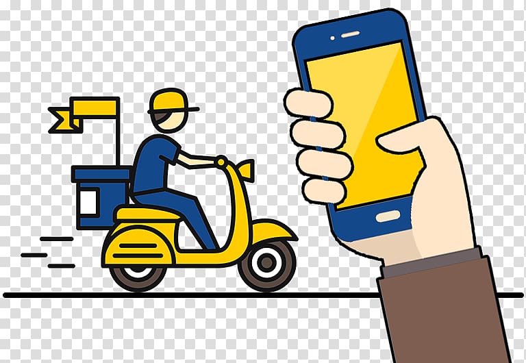 Delivery rider on yellow scooter with food box, customer holding smartphone to place order.