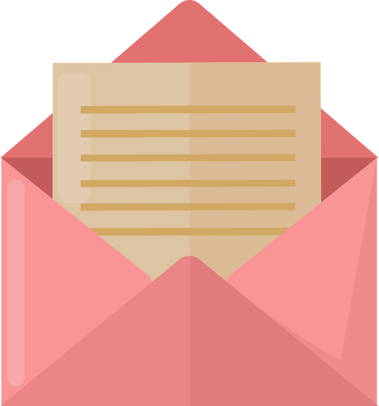 Open pink envelope revealing a beige letter with golden lines, symbolizing communication or correspondence.