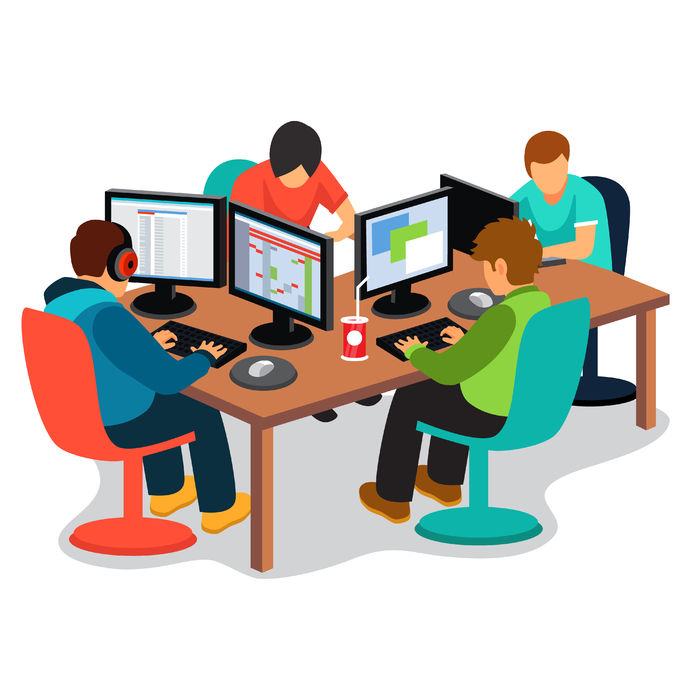 Four professionals collaborate at a shared desk with dual monitors, keyboards, and a soda cup, illustrating teamwork in a modern office.