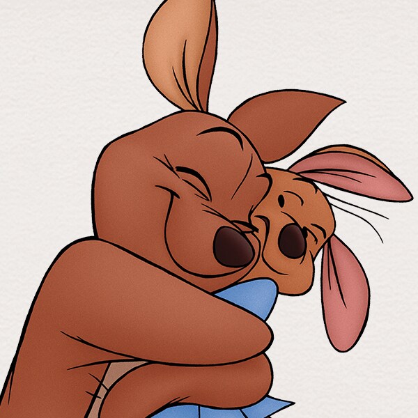 Kanga warmly hugging Roo in a tender Disney-style illustration.