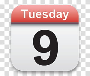 Calendar icon showing Tuesday the 9th with red header and bold black numeral on white background.