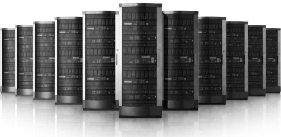 Row of black server racks in a data center with reflective floor