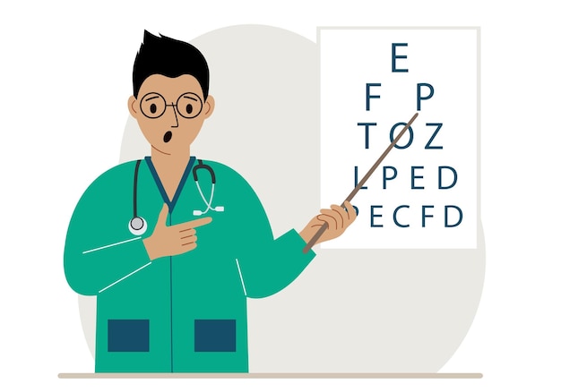 Doctor in green scrubs pointing to a Snellen eye chart with a pointer during a vision test.