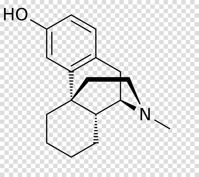 Chemical structure diagram of morphine, showing phenol ring, fused rings, and N-methyl group with stereochemistry indicated.