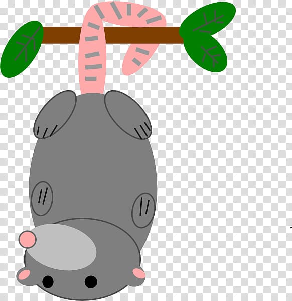 Cute cartoon opossum hanging upside down from a branch with a pink tail and green leaves.