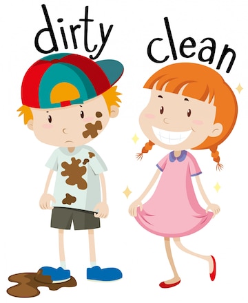 A cartoon boy covered in mud labeled "dirty" stands beside a smiling clean girl in a pink dress labeled "clean".
