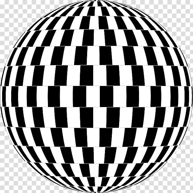 Black and white striped optical illusion sphere with checkerboard distortion pattern.