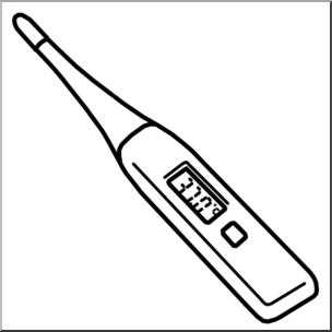 Line drawing of a digital clinical thermometer with LCD display showing "37.5°C".