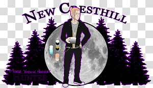 A stylized anime-style character standing before a full moon with pine trees, labeled "New Cresthill" and "Moon Velvet Hunter".
