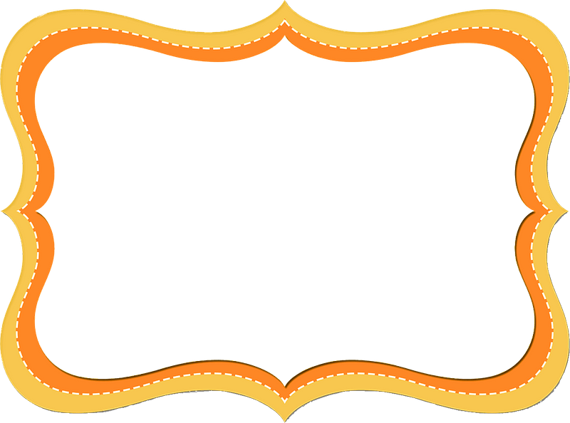 Decorative orange and gold scalloped frame with dashed inner border on teal background.