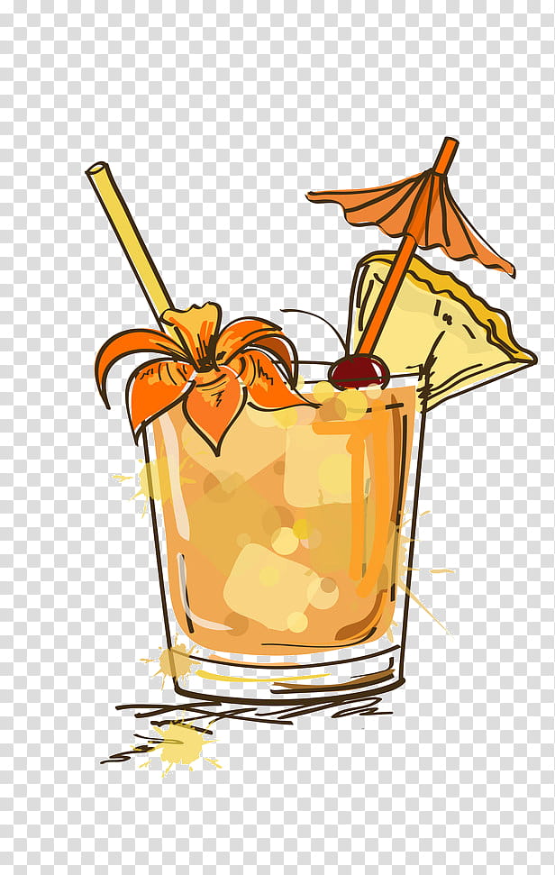Tropical cocktail in a glass with orange flower, cherry, pineapple slice, umbrella, and straw on transparent background.