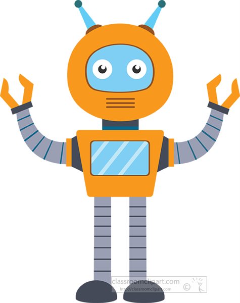 Friendly orange cartoon robot with blue visor, antennae, and raised arms, ideal for educational or tech-themed content.