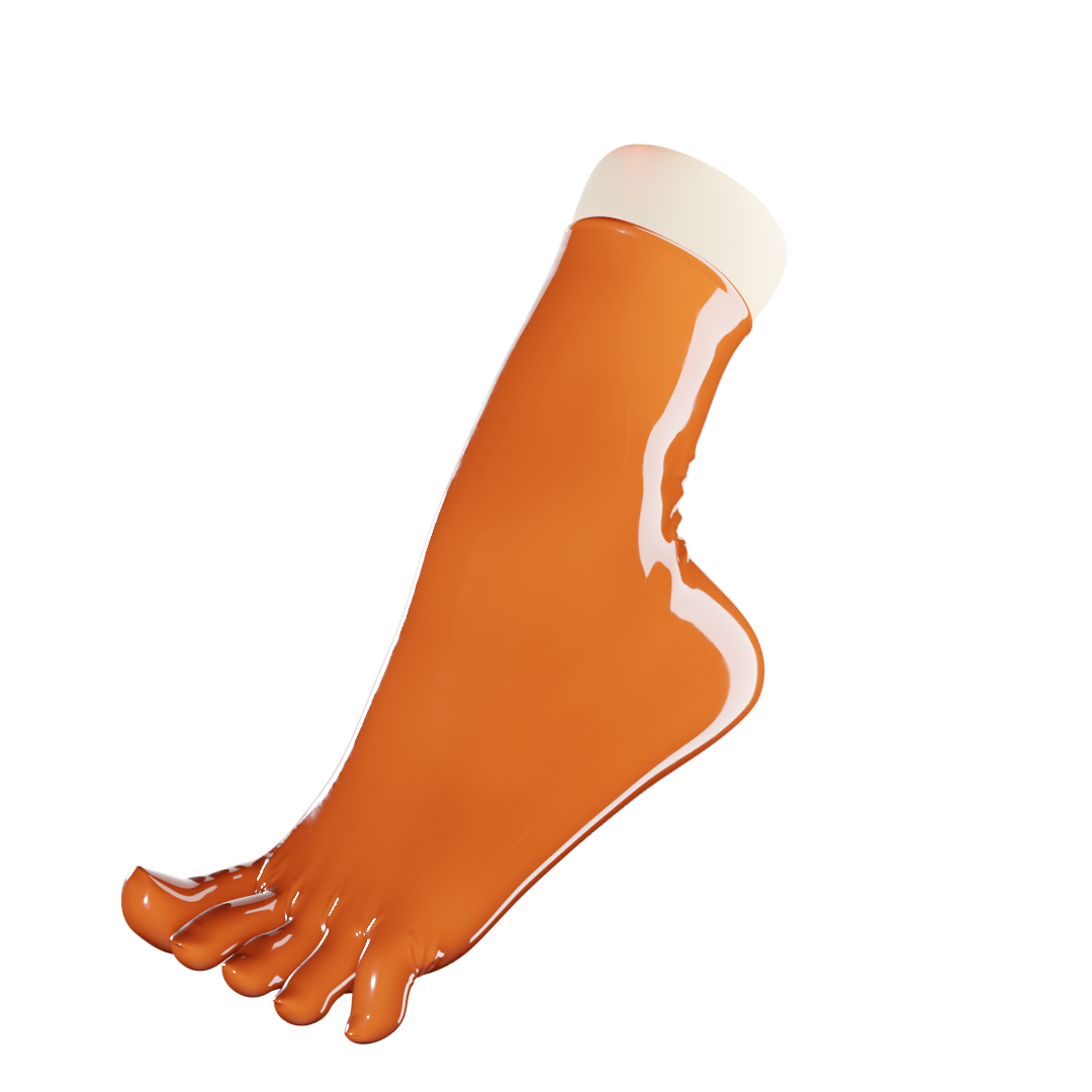 Glossy orange foot-shaped object with white cuff, stylized 3D render on black background.