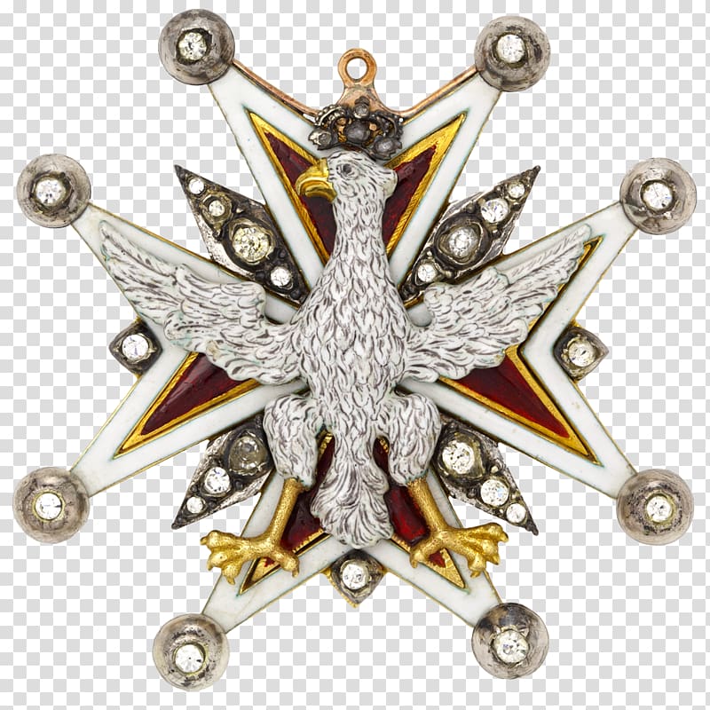 Ornate white eagle on red-and-white Maltese cross with diamonds and crown, likely Polish Order of the White Eagle insignia.