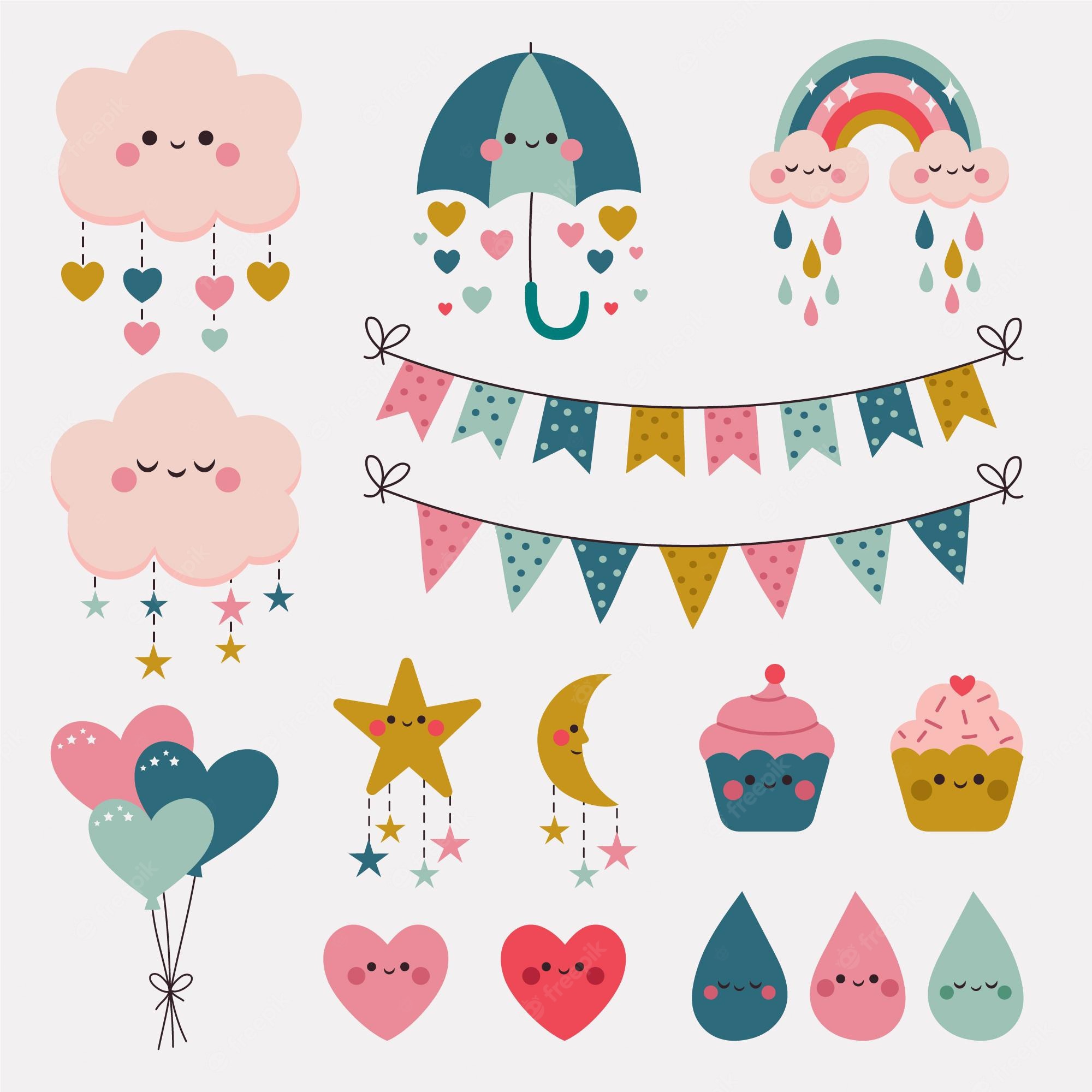 Cute kawaii-style weather and party icons including smiling clouds, umbrellas, rainbows, bunting, cupcakes, hearts, stars, and balloons.
