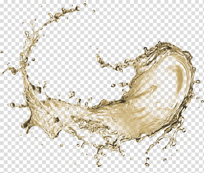 Golden liquid splashing dynamically in mid-air with droplets and swirls against transparent background.