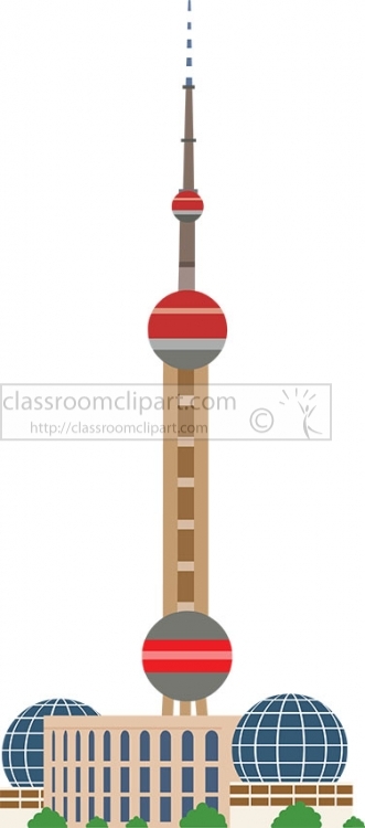 Illustration of the Oriental Pearl Tower in Shanghai, featuring its iconic spheres and spire against a white background.