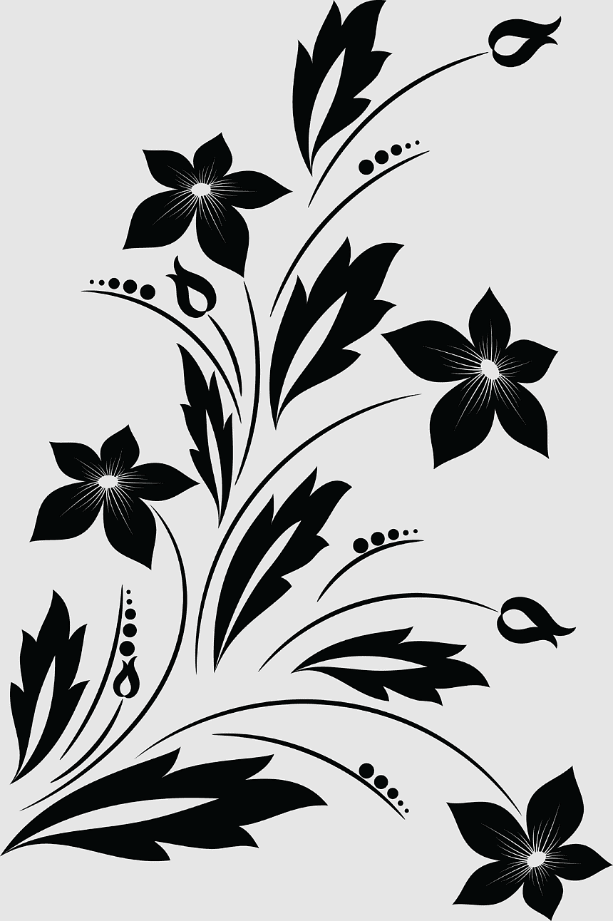 Black-and-white stylized floral vector illustration with five blossoms, leaves, and decorative dots on light gray background.