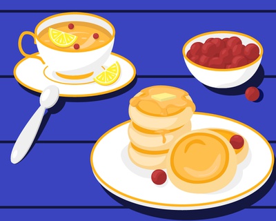 Warm Breakfast Illustration - Pancakes, Tea & Berries