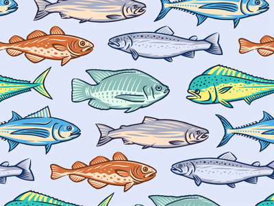 Colorful illustrated fish pattern with various species on light blue background, suitable for marine-themed designs.