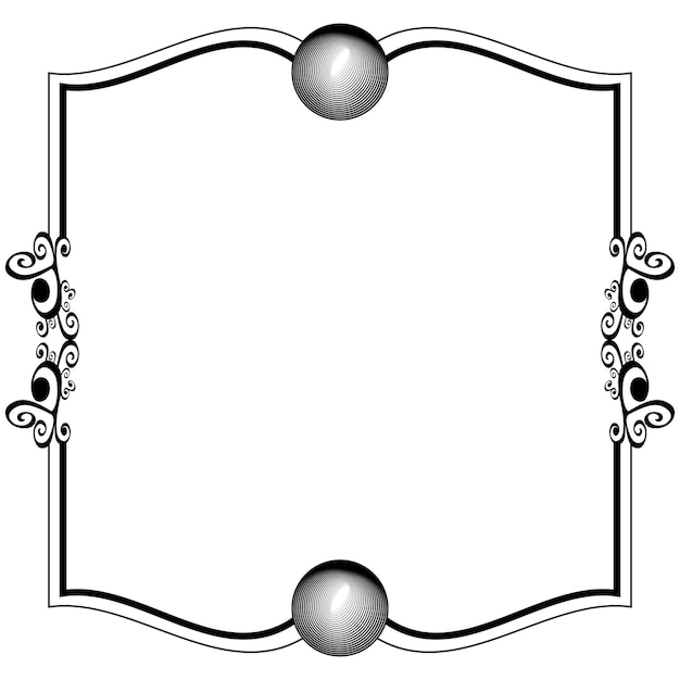Elegant black-and-white ornamental frame with scrollwork and spherical accents at top and bottom.