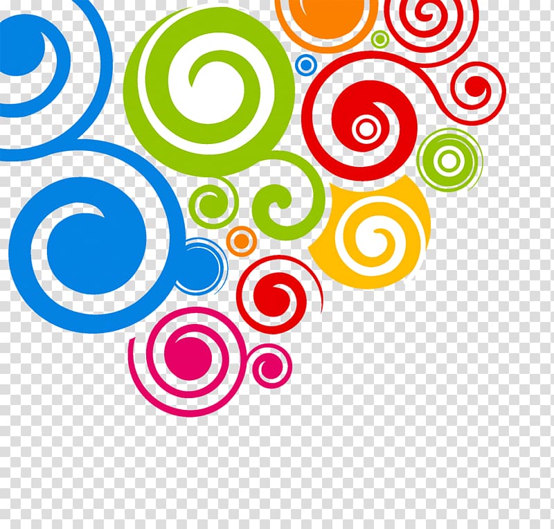 Colorful abstract swirls and spirals in blue, green, red, yellow, and pink on transparent background.