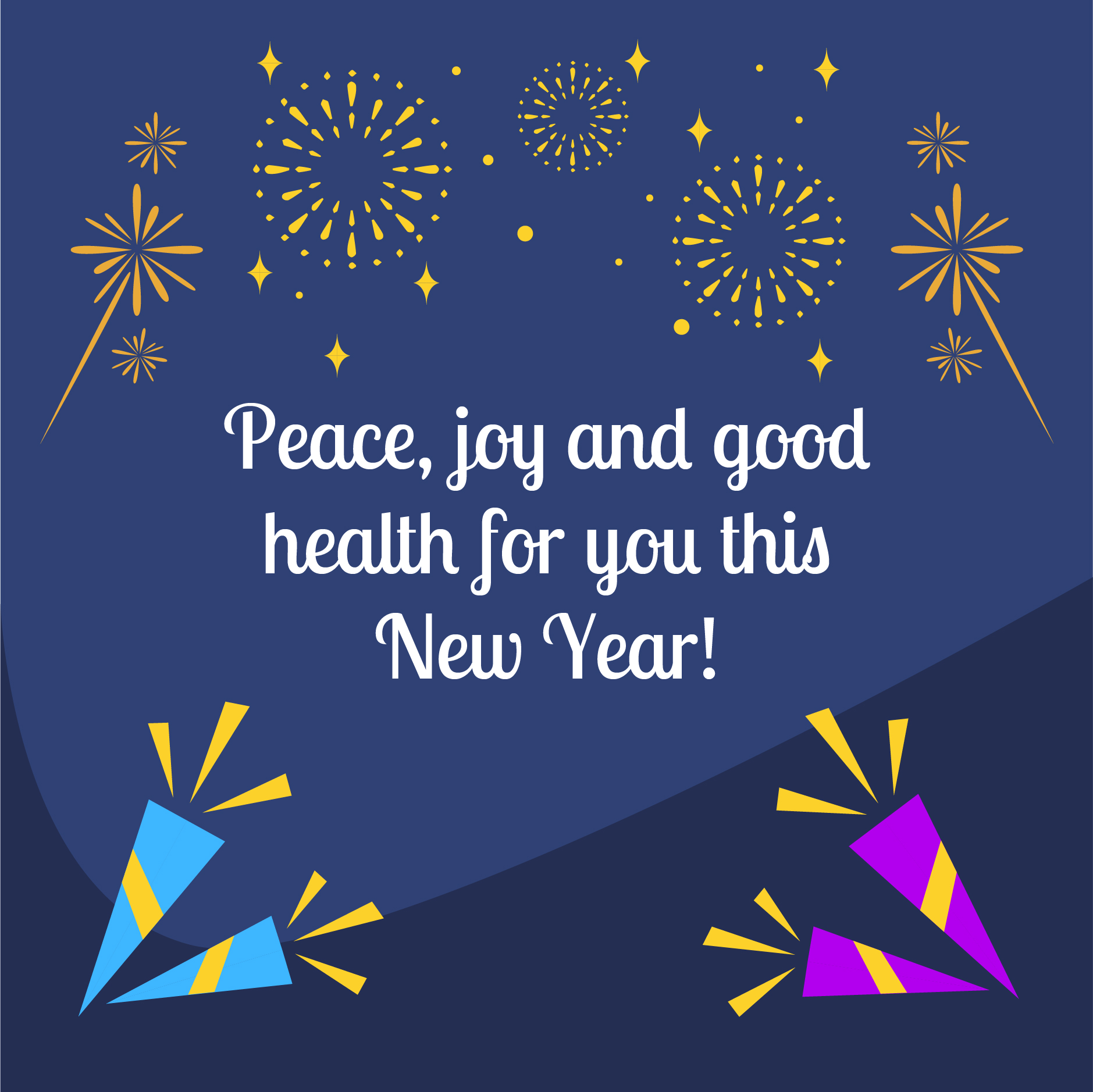 Festive New Year greeting with fireworks, party poppers, and a blue background saying "Peace, joy and good health for you this New Year!"