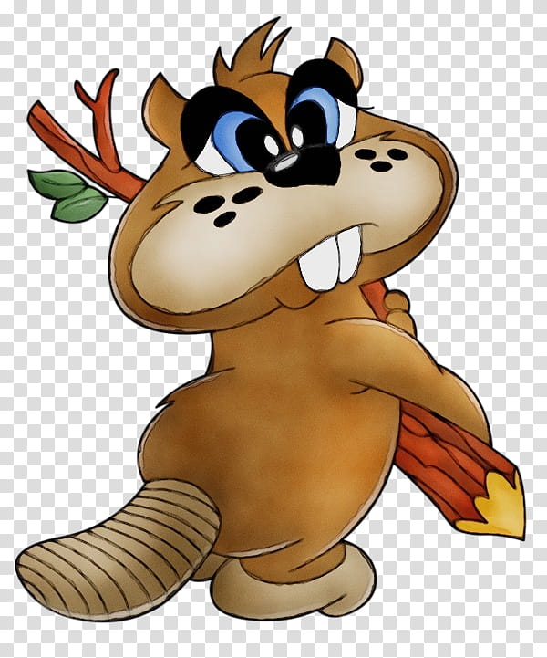Cartoon beaver holding a branch with leaves, smiling with large blue eyes and buck teeth.
