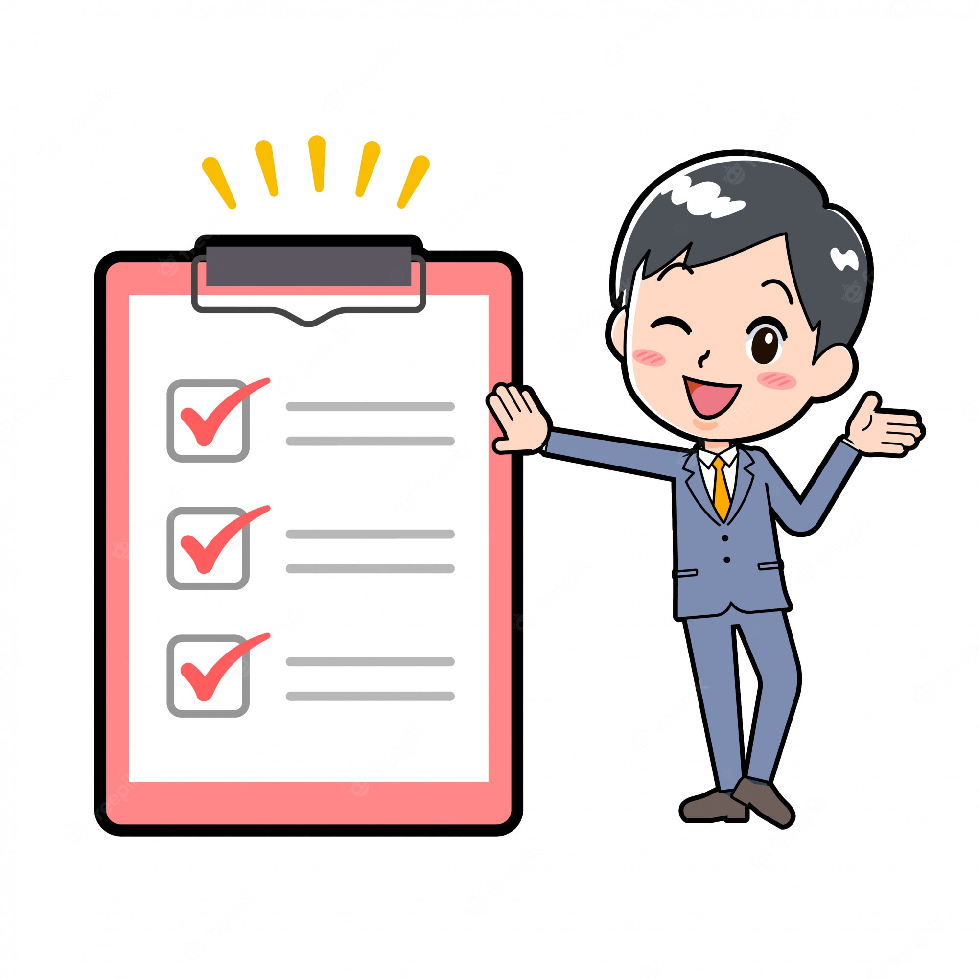 Cheerful businessman presenting a clipboard with three checked items, indicating task completion or approval.