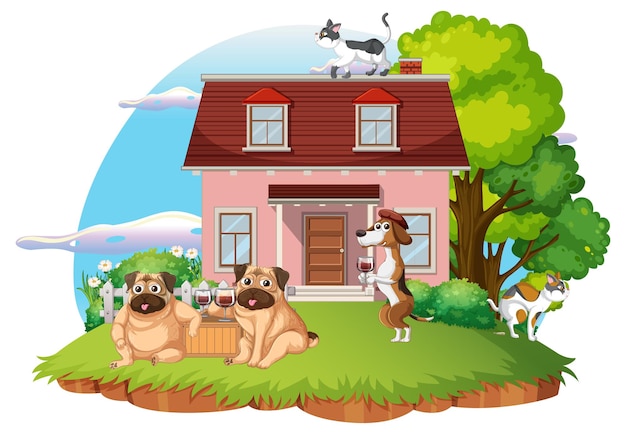 Whimsical Cartoon House Scene with Pets and Wine - Free Illustration