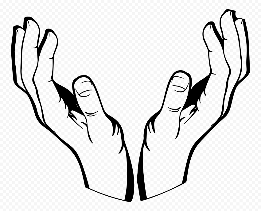 Black-and-white line drawing of two open hands cupped upward, symbolizing prayer, offering, or receiving.