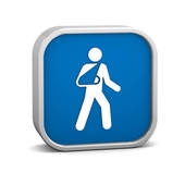 Blue square icon showing a white figure walking with an arm in a sling, indicating injury or medical assistance needed.