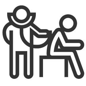 Stylized icon showing a caregiver assisting a seated person, symbolizing support, care, or therapy services.