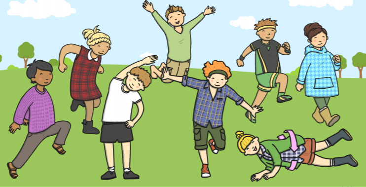 Diverse group of children playing energetically outdoors on a sunny grassy hill.