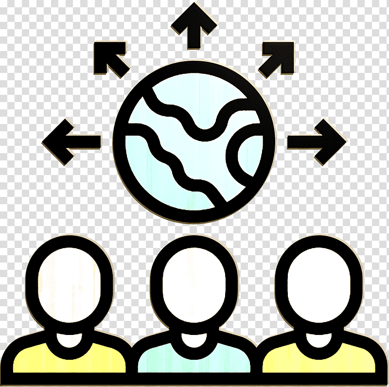 Three diverse people icons below a globe with arrows radiating outward, symbolizing global outreach or international collaboration.